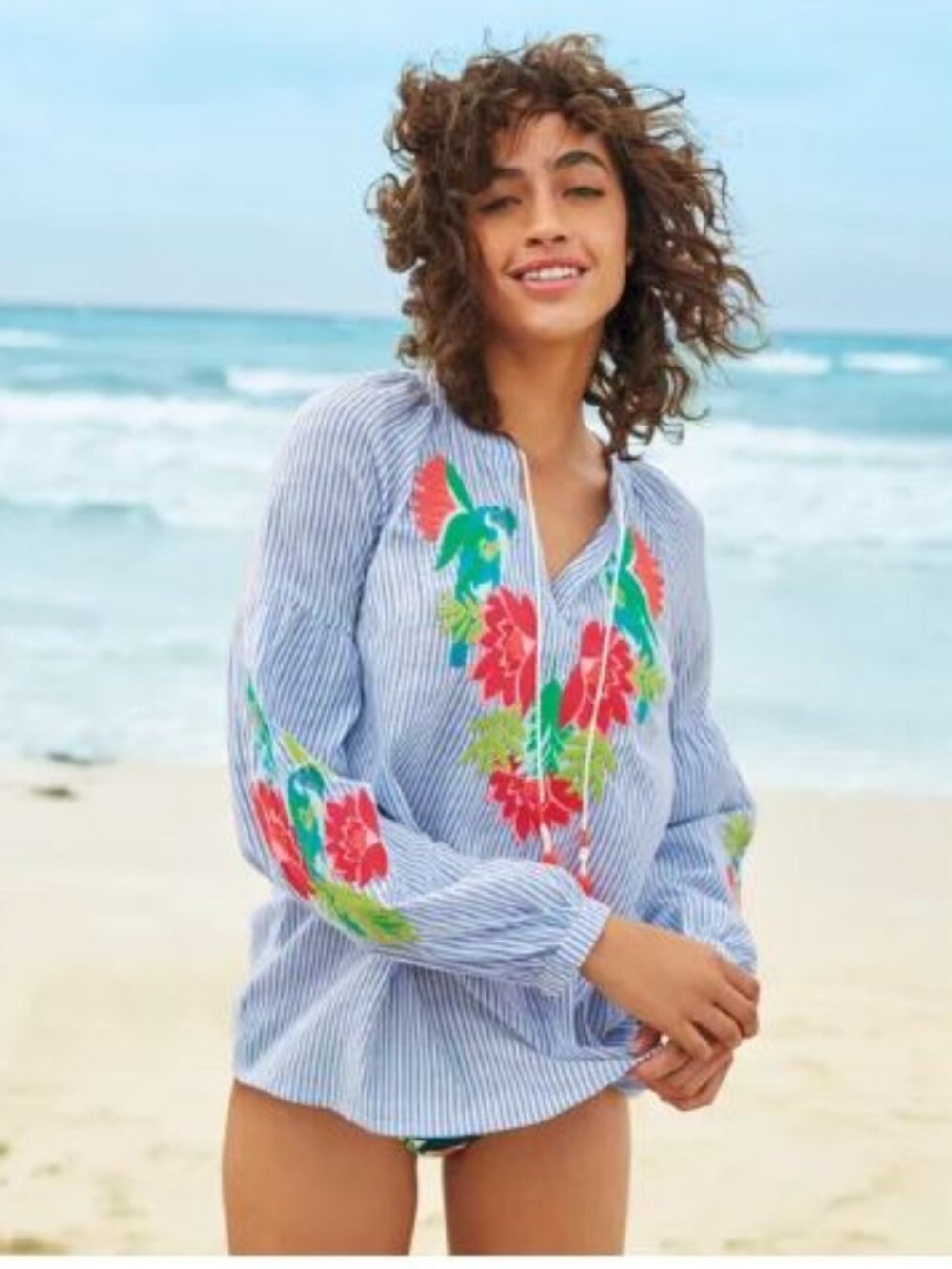 Boden Marla Embroidered Top Medium 10 Blue & White Striped Floral Coastal Beach